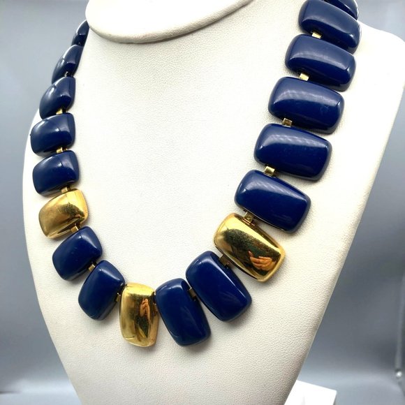 Vintage Napier Navy and Gold Necklace, Retro Chunky Book Chain with Blue Enamel - Picture 1 of 4